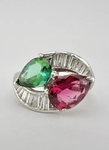 ANTIQUE PLATINUM HOT PINK & GREEN TOURMALINE & BAGUETTE DIAMOND MOI ET TOI RING: ANTIQUE PLATINUM HOT PINK & GREEN TOURMALINE & BAGUETTE DIAMOND MOI ET TOI RING Antique Platinum Hot Pink & Green Tourmaline & Baguette Diamond Moi et Toi Ring Ring Size: 8.5 - Can be Resized Metal: .