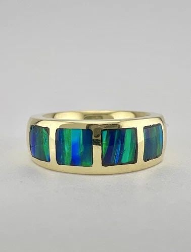 VINTAGE 18K YELLOW GOLD OPAL DOUBLET FLUSH INLAY COMFORT FIT BAND RING -14.5G (1 of 2)