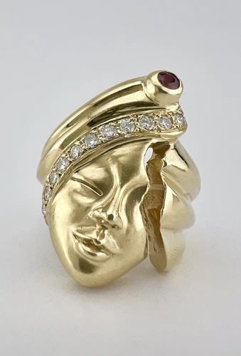 14K YELLOW GOLD PHANTOM OF THE OPERA 3D MASQUERADE FACE MASK DIAMOND & RUBY RING (1 of 2)