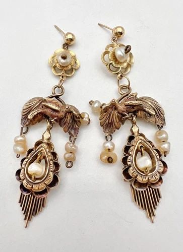 ANTIQUE VICTORIAN 14K YELLOW GOLD SEED PEARL DOVE SWALLOW BIRD DANGLE EARRINGS (1 of 2)