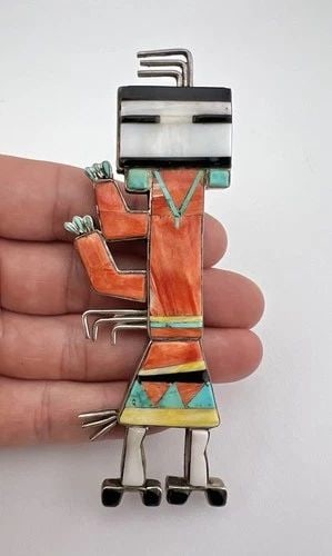 RARE EARLY ZUNI STERLING SILVER FLUSH MULTI GEMSTONE KACHINA YEI PENDANT 4.75": RARE Early Zuni Sterling Silver Flush Multi Gemstone Kachina YEI Pendant 4.75" Size: 4 3/4" Tall By 1 5/8" Wide Metal: Sterling Silver Weight is 46.7 Grams on my scale Amazing Natural Flush Inlay Gems
