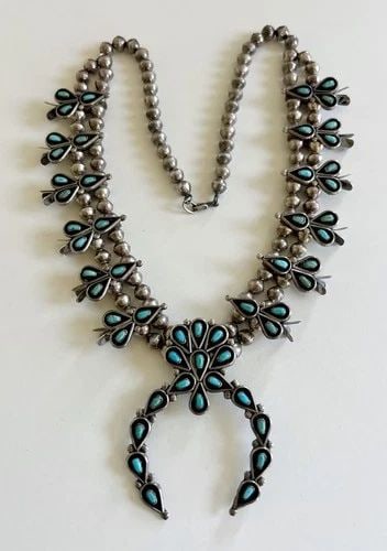OLD ZUNI STERLING SILVER PETIT POINT TURQUOISE SQUASH BLOSSOM NECKLACE 23.75" (1 of 2)