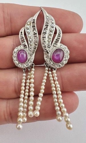 ART DECO PLATINUM OLD CUT DIAMOND CABOCHON STAR RUBY SEED PEARL DANGLE EARRINGS (1 of 2)