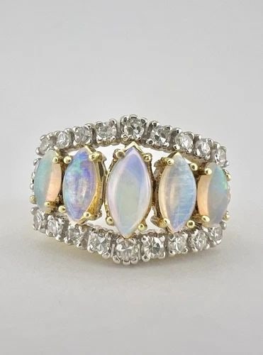 CASBAH 18K YELLOW GOLD MARQUISE CUT AUSTRALIAN FIRE OPAL & DIAMOND HALO RING (1 of 2)