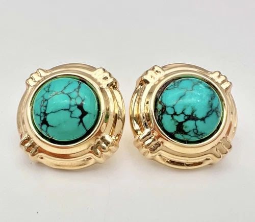 DESIGNER 14K YELLOW GOLD SPIDERWEB TURQUOISE OMEGA BACK POST EARRINGS 13.5G (1 of 2)