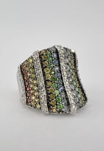 DESIGNER 14K WHITE GOLD PAVE RAINBOW MULTI COLOR SAPPHIRE & DIAMOND RING 10.7G (1 of 2)