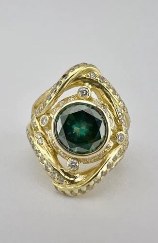 DESIGNER 18K YELLOW GOLD BLUE MOISSANITE & DIAMOND PAVE ETERNITY CLUSTER RING (1 of 2)