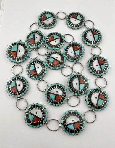 VTG ROGER & LELA CELLICION STERLING SILVER MULTI GEM'S SUNFACE CONCHO BELT 36.5" (1 of 2)