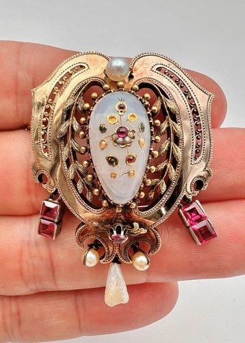 VICTORIAN 14K YELLOW GOLD ROSE OF SHARON OPAL & RUBY EMERALD & SEED PEARL BROOCH (1 of 2)