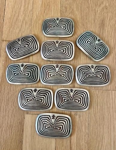 VTG NAVAJO HOPI STERLING SILVER MAN IN THE MAZE OVERLAY 10 CONCHO BELT 334.3G (1 of 2)