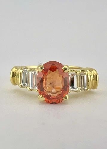 DESIGNER 14K YELLOW GOLD ORANGE SAPPHIRE & BAGUETTE DIAMOND RING (1 of 2)