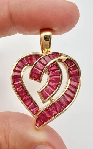 DESIGNER 14K YELLOW GOLD BAGUETTE RUBY CHANNEL SET HEART LOVE ENHANCER PENDANT: DESIGNER 14K YELLOW GOLD BAGUETTE RUBY CHANNEL SET HEART LOVE ENHANCER PENDANT Designer 14k Yellow Gold Baguette Ruby Channel Set Heart Love Enhancer Pendant Size: 1 5/8" Tall With bail By 1 1/8" Wide