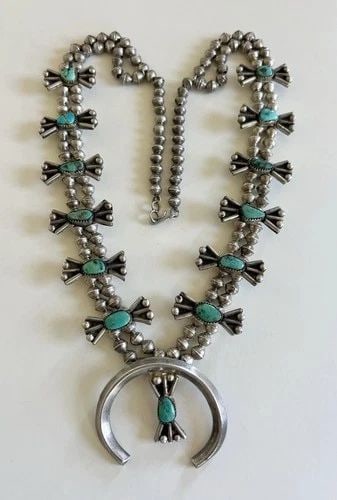 OLD PAWN NAVAJO STERLING SILVER TURQUOISE SQUASH BLOSSOM BOW NECKLACE 25.5" (1 of 2)