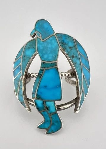 HUGE RARE ZUNI COIN SILVER FLUSH TURQUOISE KACHINA EAGLE DANCER CUFF BRACELET (1 of 2)