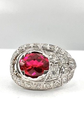 ANTIQUE DECO PLATINUM VS EUROPEAN CUT DIAMOND BRIOLETTE LAB CREATED RUBY RING (1 of 2)