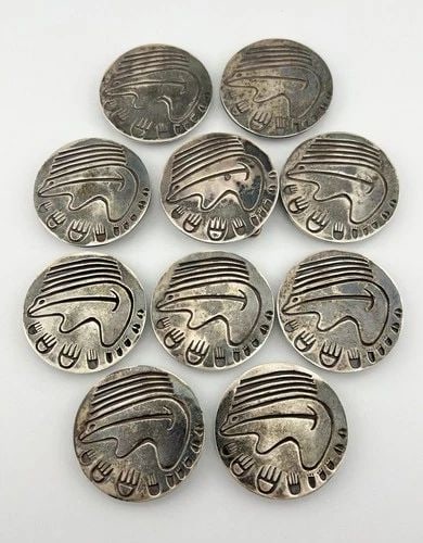 VINTAGE NAVAJO HOPI STERLING SILVER DETAILED BEAR OVERLAY 10 CONCHO BELT 260.7G (1 of 2)