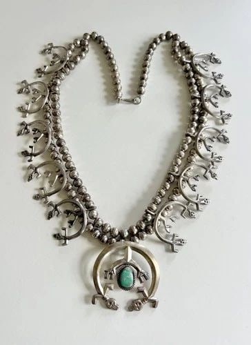 VINTAGE NAVAJO STERLING SILVER TURQUOISE YEI SQUASH BLOSSOM NECKLACE 27" -191.2G (1 of 2)