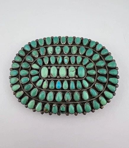 101G- VTG VICTOR MOSES BEGAY NAVAJO STERLING TURQUOISE CLUSTER BELT BUCKLE 4.25": HUGE 101g Vtg Victor Moses Begay Navajo Sterling Silver Turquoise Cluster Belt Buckle 4.25" Size: 4 1/4" Wide By A Over 3" Tall Weight is 101.3 Grams on my scale Metal: Sterling Silver Amazing Cluster