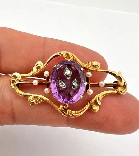 VICTORIAN 14K YELLOW GOLD ROSE OF SHARON AMETHYST & DIAMOND & SEED PEARL BROOCH (1 of 2)