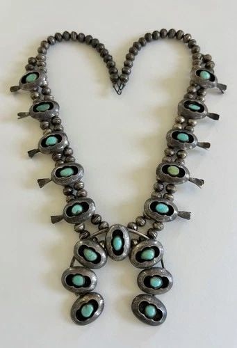 VTG NAVAJO STERLING SILVER TURQUOISE SHADOWBOX SQUASH BLOSSOM NECKLACE 24" (1 of 2)