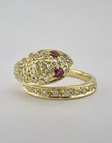 DESIGNER 18K YELLOW GOLD DIAMOND & RUBY COILED SNAKE SERPENT ADJUSTABLE RING (1 of 2)