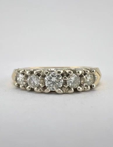VINTAGE 14K YELLOW GOLD .49TCW ROUND DIAMOND ENGAGEMENT 5 STONE BAND WOMENS RING: VINTAGE 14K YELLOW GOLD .49TCW ROUND DIAMOND ENGAGEMENT 5 STONE BAND WOMENS RING Vintage 14K Yellow Gold .49tcw Round Diamond Engagement 5 Stone Band Women's Ring Ring Size 7.25 - Can Be Resized Weigh