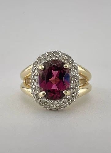 DESIGNER 14K YELLOW GOLD RHODOLITE GARNET & PAVE SET DIAMOND HALO RING (1 of 2)