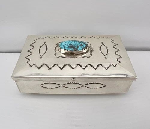 FRED HARVEY NAVAJO SPIDERWEB TURQUOISE STERLING SILVER STAMPED BOX 3 5/8"-112.9G (1 of 2)
