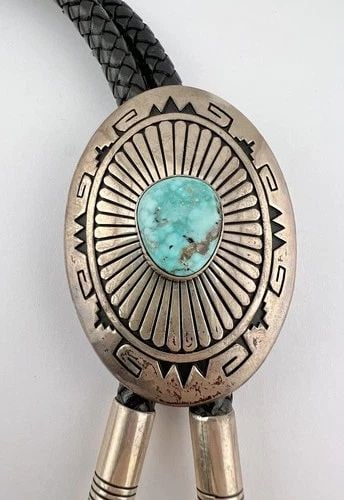 ROBERT JONHSON NAVAJO STERLING HIGH GRADE CARICO LAKE TURQUOISE BOLO TIE 130G (1 of 2)