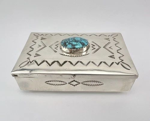 FRED HARVEY NAVAJO SPIDERWEB TURQUOISE STERLING SILVER STAMPED BOX 3 5/8"-112.6G (1 of 2)