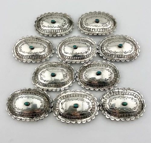 EARLY OLD NAVAJO STERLING SILVER TURQUOISE STAMPED 10 OVAL CONCHO BELT: EARLY OLD NAVAJO STERLING SILVER TURQUOISE STAMPED 10 OVAL CONCHO BELT Early Old Navajo Sterling Silver Turquoise Stamped 10 Oval Concho Belt Buckle Size: 2 1/8" Wide by 1 1/2" Tall Concho Size: 2 1/8