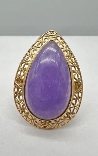 DESIGNER 14K YELLOW GOLD PEAR SHAPED LAVENDER PURPLE JADE CABOCHON RING (1 of 2)