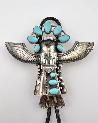 NAVAJO STERLING SILVER TURQUOISE & CORAL WINGED EAGLE KACHINA BOLO TIE 4" -72.3G (1 of 2)