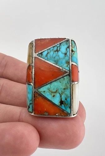 40.8G HUGE OLD 1940S ZUNI INGOT COIN SILVER TURQUOISE CORAL MOP FLUSH INLAY RING (1 of 2)