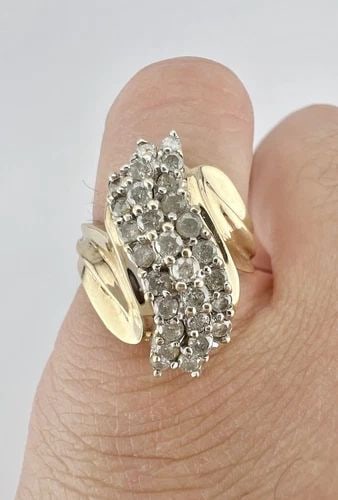 DESIGNER 10K YELLOW GOLD .75CT DIAMOND CROSSOVER CLUSTER RING (1 of 2)