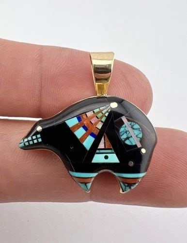 #3 VTG NAVAJO 14K YELLOW GOLD NATURAL MULTI GEMSTONE MICRO MOSAIC BEAR PENDANT (1 of 2)