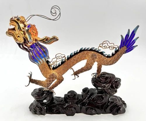 ANTIQUE CHINESE CLOISONNÉ ENAMEL SILVER & CARNELIAN GILT DRAGON FIGURINE STATUE (1 of 2)