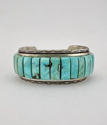 VINTAGE MKJ NAVAJO STERLING SILVER NATURAL TURQUOISE CORN ROW CUFF BRACELET 70G (1 of 2)