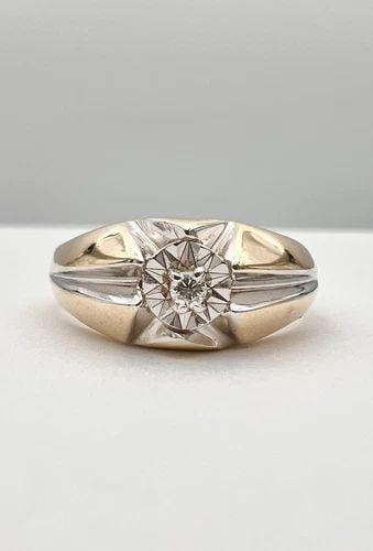VINTAGE RETRO 10K YELLOW GOLD ROUND DIAMOND SOLITAIRE MEN’S RING - 5.8G (1 of 2)
