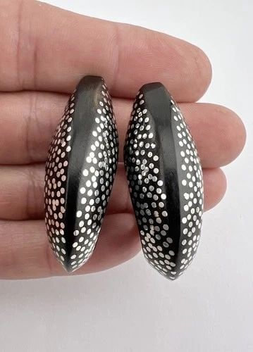 PATRICIA VON MUSULIN STERLING SILVER CARVED EBONY DOT MODERNIST CLIP EARRINGS (1 of 2)