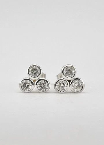 DESIGNER 14K WHITE GOLD BEZEL SET .36TCW NATURAL DIAMOND TRIO STUD POST EARRINGS (1 of 2)