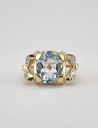 ANTIQUE RETRO 14K YELLOW GOLD OVAL BLUE SYNTHETIC SPINEL WOMEN'S RING (1 of 2)