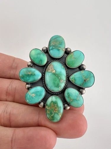 HUGE ELGIN TOM NAVAJO STERLING SILVER CARICO LAKE TURQUOISE CLUSTER OVAL RING 2" (1 of 2)