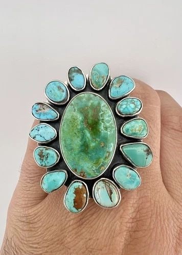 HUGE 2 3/8" FEDERICO JIMENEZ STERLING SILVER TURQUOISE OVAL CLUSTER RING 41.8G (1 of 2)