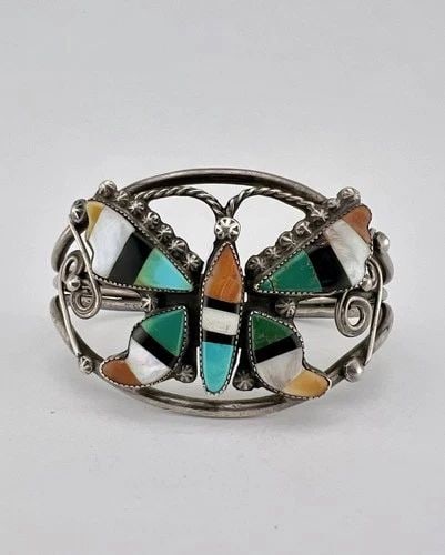 RARE OLD 1940S ZUNI STERLING SILVER FLUSH MULTI GEMSTONE BUTTERFLY CUFF BRACELET: RARE Old 1940s Zuni Sterling Silver Flush Multi Gemstone Butterfly Cuff Bracelet Cuff is 5" tip to Tip and has a 1" Wide - Slightly Adjustable Gap Cuff Is 1 1/2" Wide In the Center Weight is 36.9 Gram