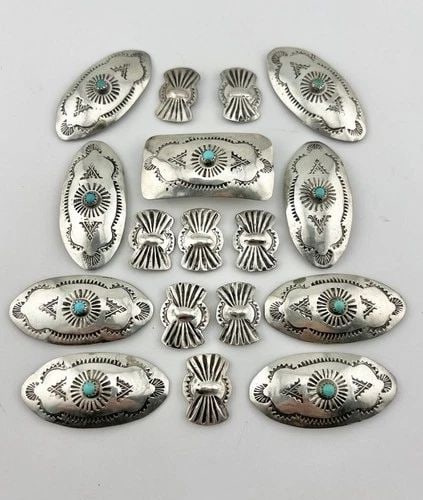 VTG FRED HARVEY NAVAJO STERLING SILVER NATURAL TURQUOISE STAMPED 18 CONCHO BELT (1 of 2)