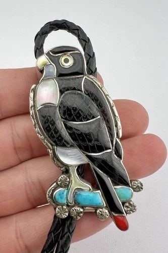 VINTAGE ZUNI PORFILIO SHEYKA CARVED MOSAIC GEMSTONE EAGLE BOLO TIE 2.5" (1 of 2)