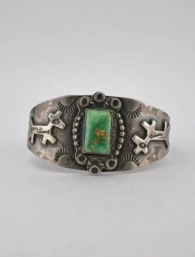 OLD 1940'S FRED HARVEY NAVAJO STERLING TURQUOISE STAMPED HORSE DOG CUFF BRACELET: OLD 1940's Fred Harvey Navajo Sterling Silver Cerrillos Turquoise Stamped Horse Dog Cuff Bracelet Cuff is 5 3/8" tip to Tip and has an a Around 1" Wide Adjustable Gap Cuff Is 1 1/8" Wide in the Center