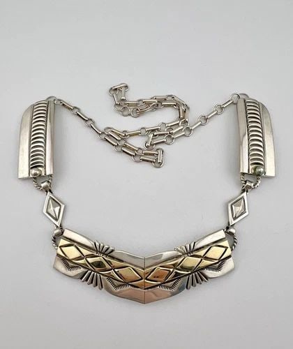 MIKE BEGAY NAVAJO STERLING SILVER & 14K GOLD STAMPED COLLAR DANGLE NECKLACE 21": MIKE BEGAY NAVAJO STERLING SILVER & 14K GOLD STAMPED COLLAR DANGLE NECKLACE 21" Mike Begay Navajo Sterling Silver & 14k Gold Stamped Collar Dangle Necklace 21" MEASUREMENTS: Necklace measures 21" tip 