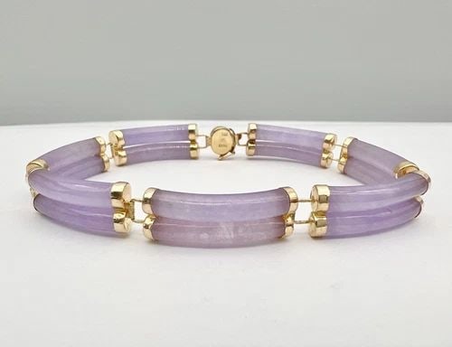 VTG 14K YELLOW GOLD & LAVENDER PURPLE JADE CYLINDER LINK BRACELET -23.5G: VTG 14K YELLOW GOLD & LAVENDER PURPLE JADE CYLINDER LINK BRACELET -23.5G Vtg 14k Yellow Gold & Lavender Purple Jade Cylinder Link Bracelet -23.5g Size: 8.25" Long by About 10mm Wide Metal: 14k Yellow 